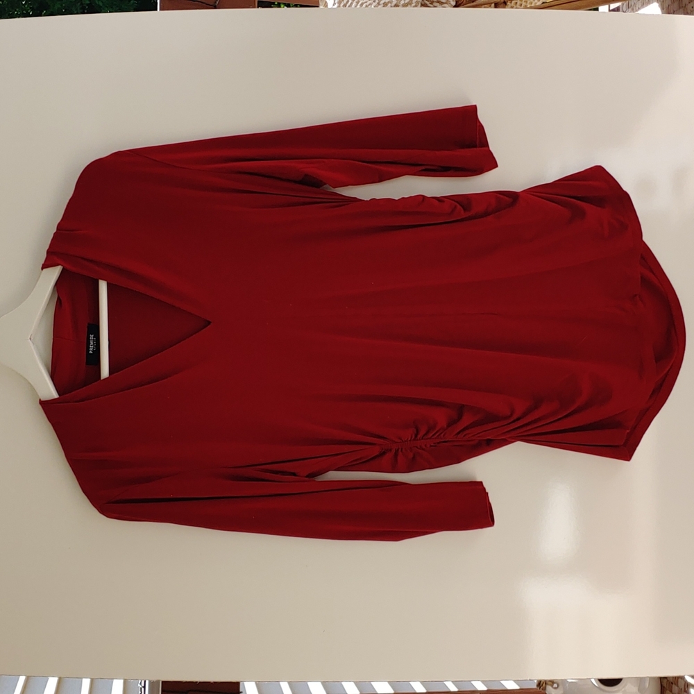 Premise Red Three Quarter Sleeve Ruched Sides V Neck Work
